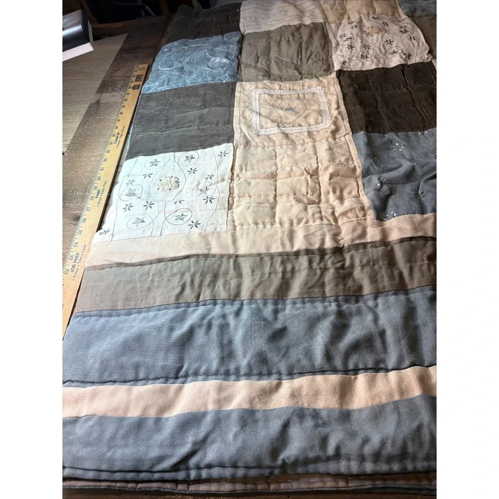 Home Collection Embroidered Quilt Only Patchwork Plaid Brown Tan Blue Full Queen